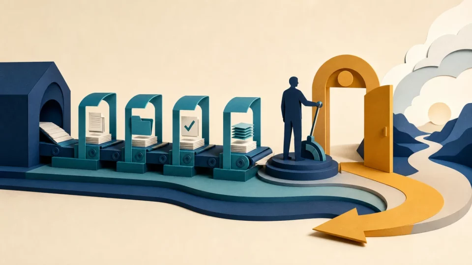 Editorial illustration of prepared work moving through bounded task stations to a human approval gate.