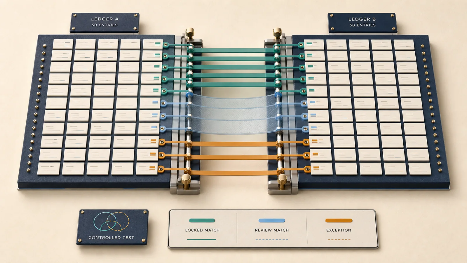 Editorial illustration of two fictional ledgers joined by exact, review, and exception matching paths.