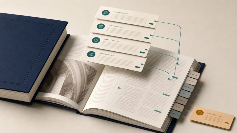 Editorial illustration of summary cards connected by citation threads to exact sections of an unbranded annual report.