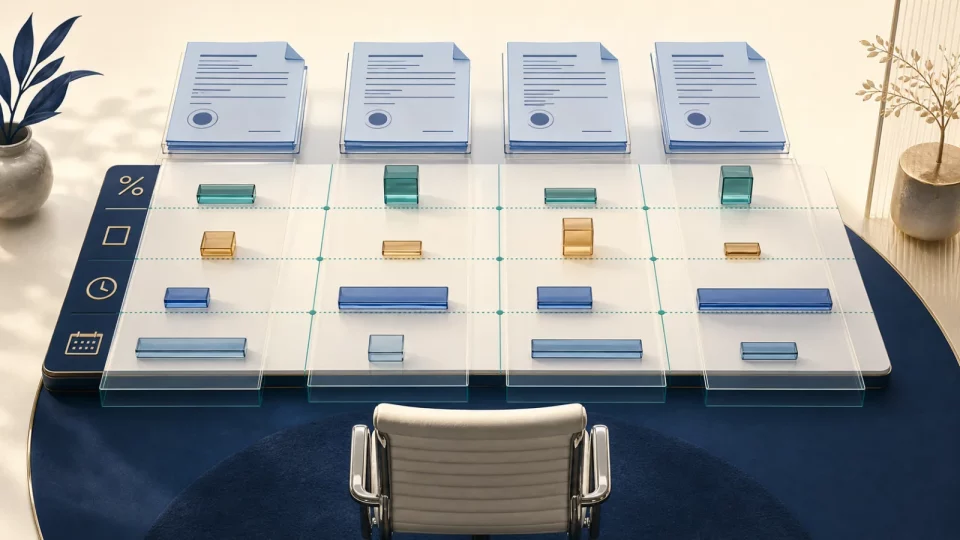 Editorial illustration of four unbranded loan contracts compared across rate, fee, timing, and term before an empty human decision chair.