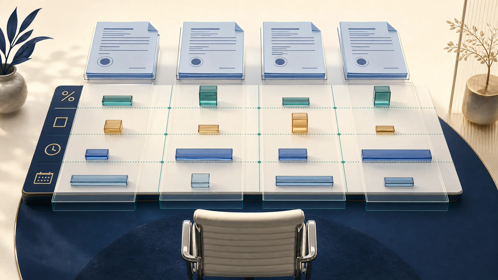 Editorial illustration of four unbranded loan contracts compared across rate, fee, timing, and term before an empty human decision chair.