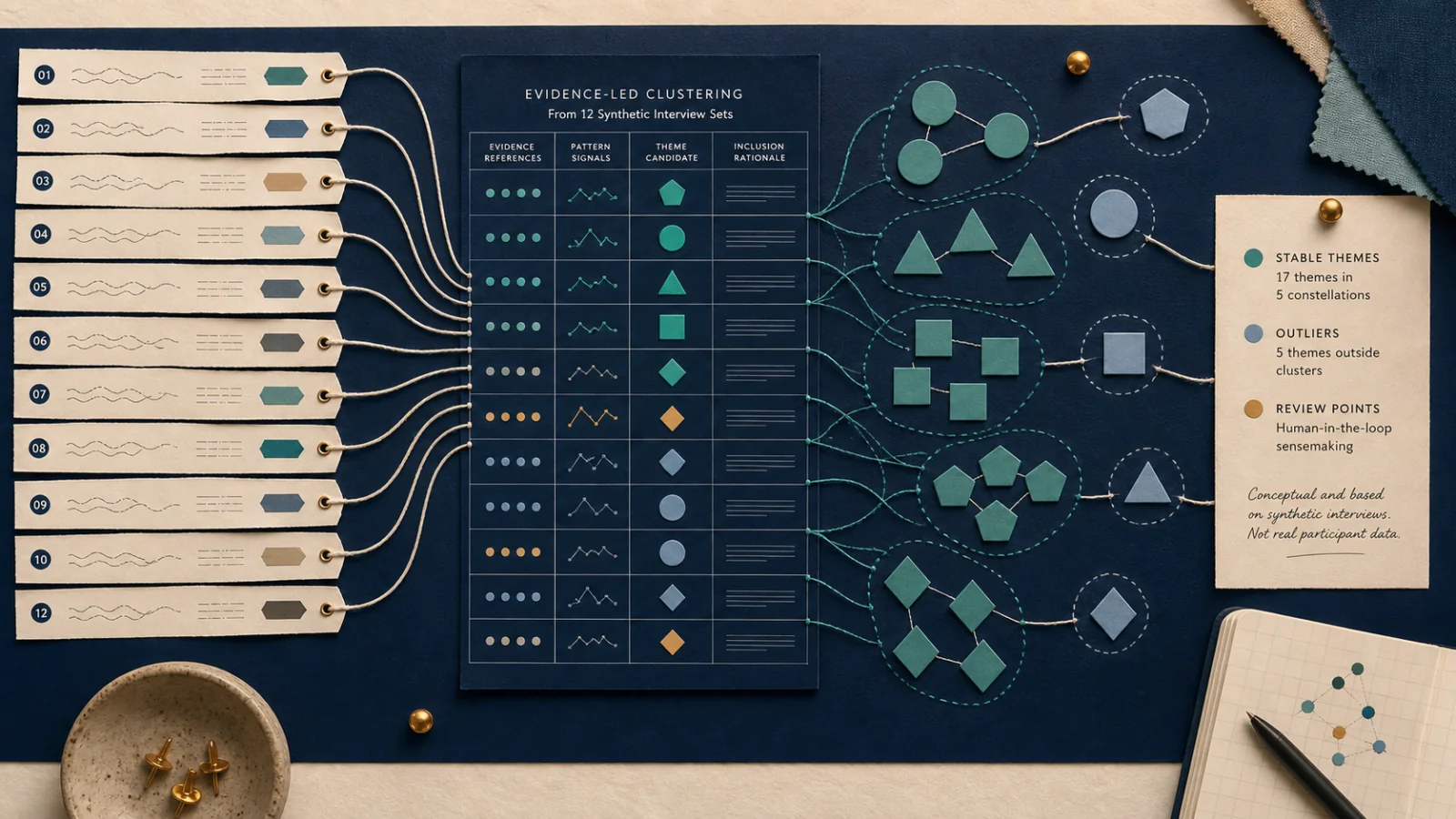 Editorial illustration of anonymized synthetic interview fragments linked to stable theme clusters and uncertain outliers.