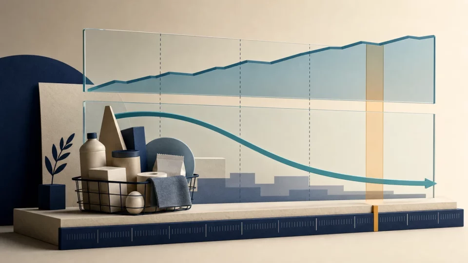 Editorial illustration separating an elevated price-level layer from a slowing inflation-rate curve and household basket.