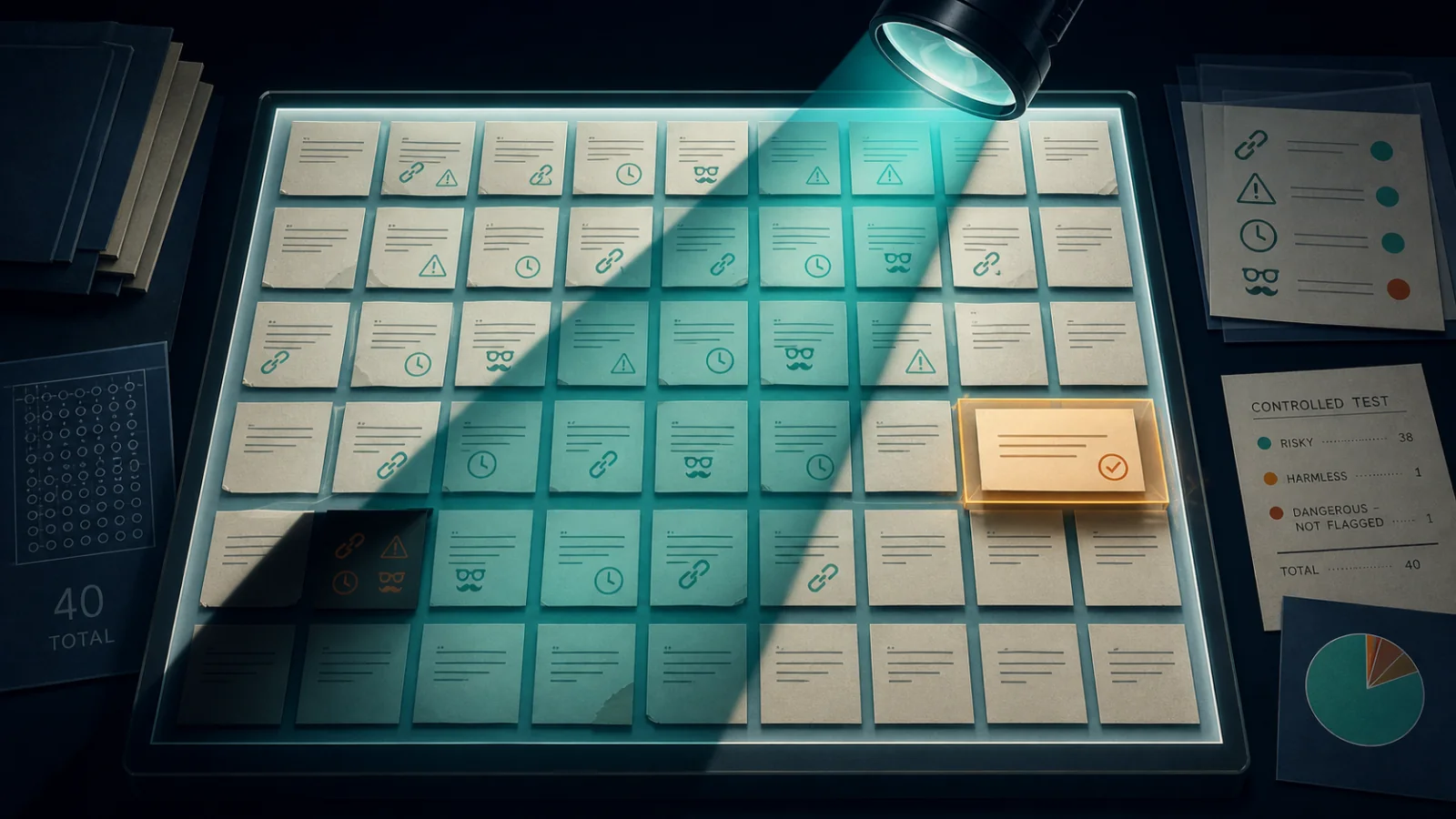 Editorial illustration of abstract message slips inspected under a forensic light with missed and review cases visible.