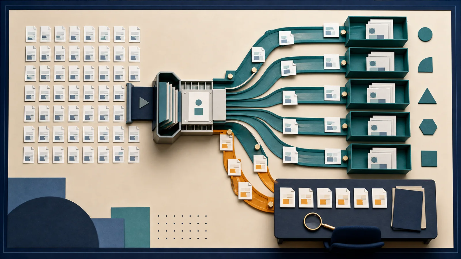 Editorial illustration of fifty fictional invoice sheets being sorted, with six exceptions routed to review.