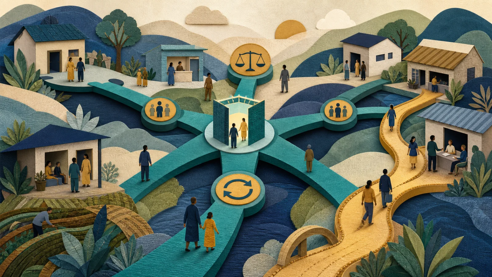 Editorial illustration of community access paths with consent, fairness, appeal, and human-service safeguards.