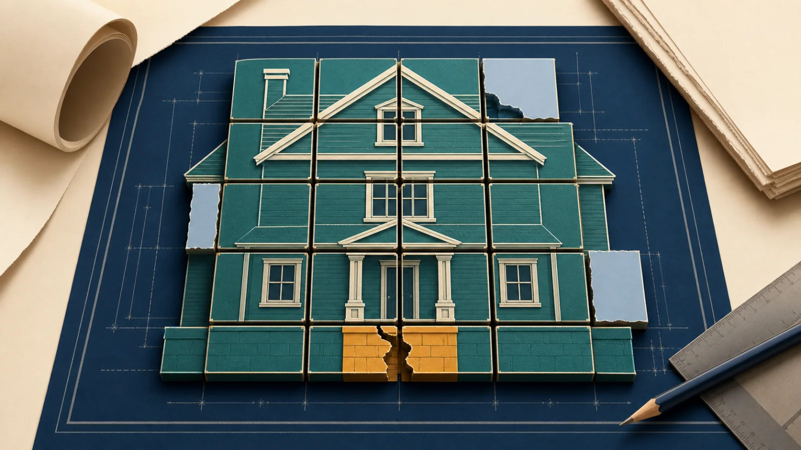 Editorial illustration of a house blueprint assembled from glossary tiles with incomplete and incorrect pieces visible.