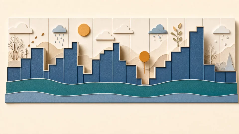 Editorial illustration of twelve uneven monthly income blocks supported by a flexible reserve across changing seasons.
