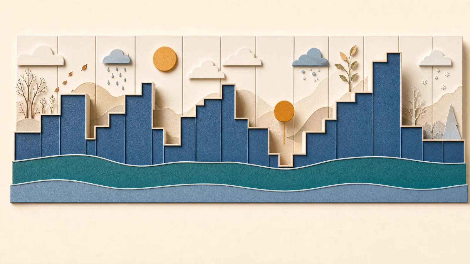 Editorial illustration of twelve uneven monthly income blocks supported by a flexible reserve across changing seasons.
