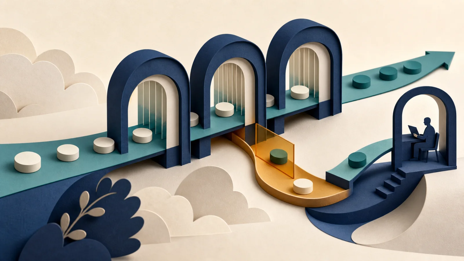 Editorial illustration of ordinary transactions passing risk thresholds while one legitimate item is held for human review and appeal.