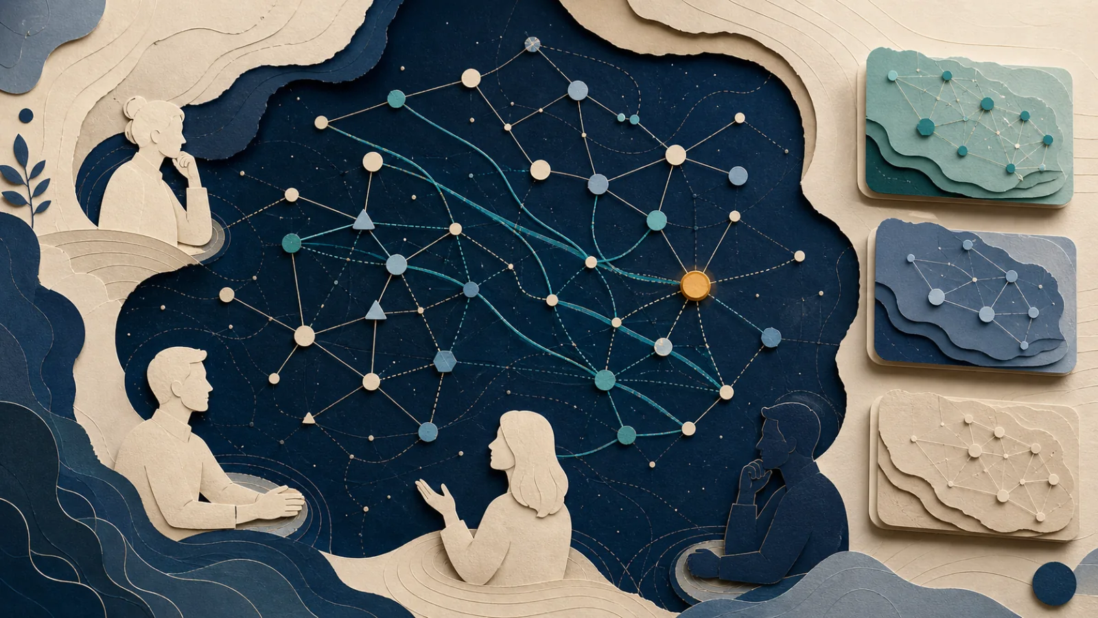 Editorial illustration of finance and accounting task networks changing while human judgment and responsibility remain anchored.