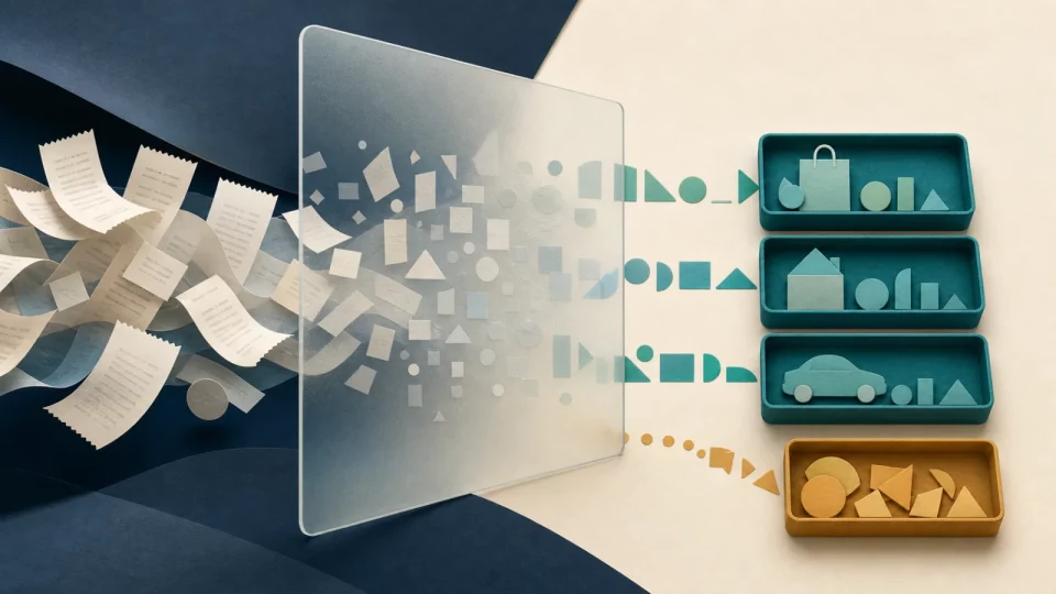 Editorial illustration of fictional receipts passing through a privacy screen before being sorted into categories and review.