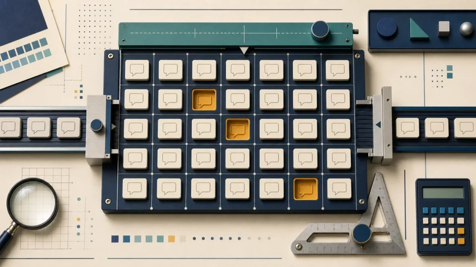 Editorial illustration of a fixed question set moving through a precision calibration bench with review exceptions.