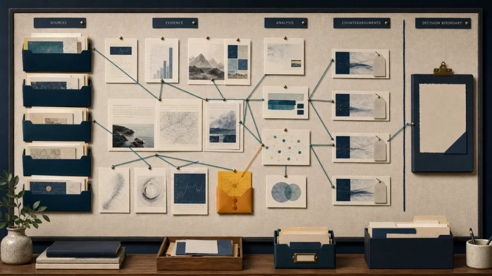 Editorial illustration of an evidence board connecting sources, counterarguments, uncertainty, and a human decision boundary.