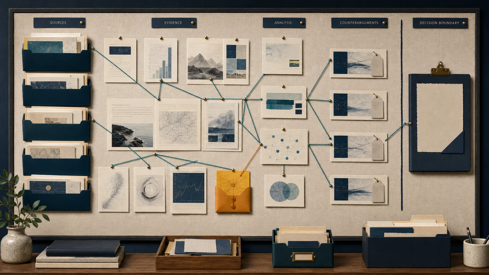 Editorial illustration of an evidence board connecting sources, counterarguments, uncertainty, and a human decision boundary.
