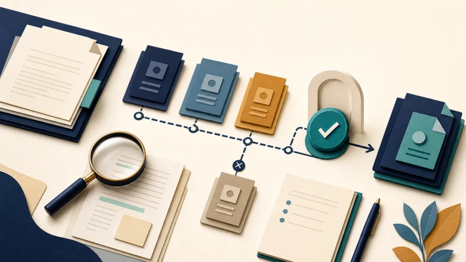 Editorial illustration of release documents moving through source, test, privacy, rollback, and human-approval checks.